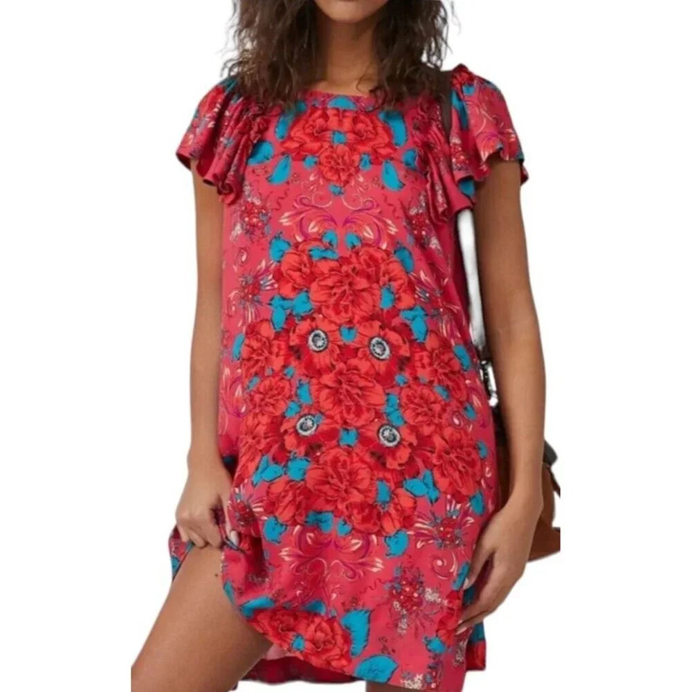Free People Yara Floral Mini Dress Rose Flowy Flutter Sleeves Pocket Size XS